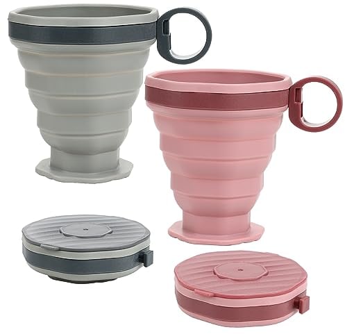 LFBEST Set di 2 Bicchieri Pieghevoli in Silicone con Coperchio in Plastica, Riutilizzabili e Portatili, per Campeggio, Picnic, Escursioni, Viaggi (Rosa e Grigio)