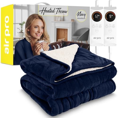 Air Pro Heated Throw - Dual Control Electric Blanket - Digital Controller - Timer up to 9 hours, 6 Heat Settings, Auto Shutoff - Machine Washable - King Size 230x250cm - Navy Shearling