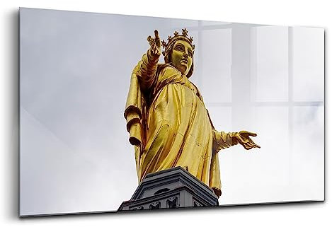 Wallfluent Modern 120x60 cm Malerei an der Wand Fotografie Glasbild Zwei Anhänger - Statue der Mutter Gottes in Lyon