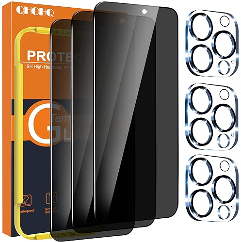 QHOHQ 3 Stück Sichtschutz für iPhone 15 Pro Max [6,7 Zoll] mit 3 Stück Kameraschutz, Anti-Spähen Panzer Schutz Glas, HD Blickschutzfolie, 9H Härte, Anti-Kratzer, Bläschenfrei