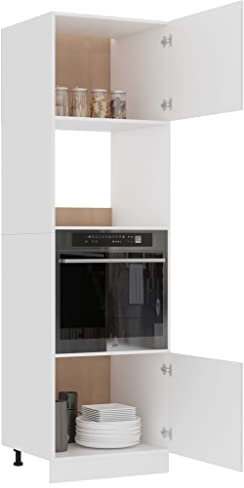 homiuse Armario para microondas blanco 60 x 57 x 207 cm armario de cocina de madera armario de cocina pequeño armario de cocina individual armario de horno fregadero armario 4 estantes