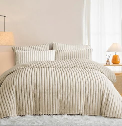Lanqinglv Winter Plüsch Bettwäsche 220x240 Beige Warme Flauschig Flanell Kunstfell Streifen Winterbettwäsche,Teddy Fleece Cashmere Touch Bettbezug mit Reißverschluss und 2 Kissenbezug 80x80cm