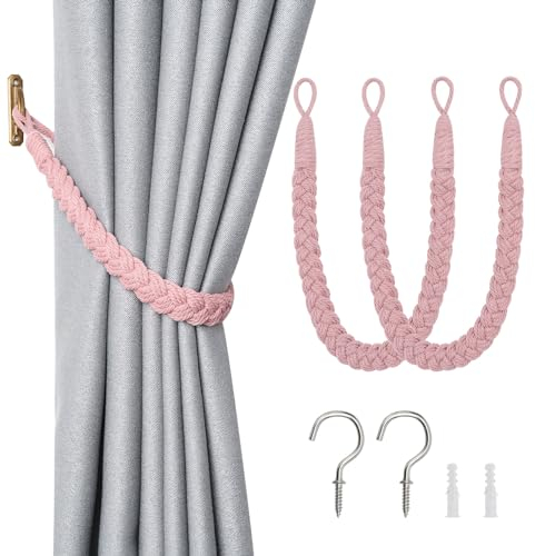 Pretty Jolly 2 Pack Natural Cotton Rope Curtain Tiebacks Elegant Boho Style Decorative Drape Tie Backs Soft Hand-Woven Rope Curtain Holdbacks with Metal Hook for Home & Office Drapery (Pink)