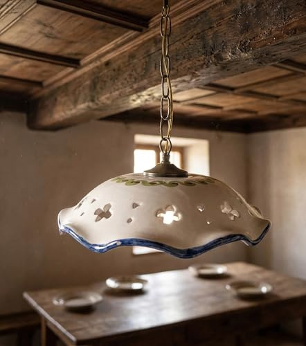 Mondocreazioni Lampadario a sospensione 1 luce con catena e ceramica realizzata e decorata artigianalmente (Fiore)