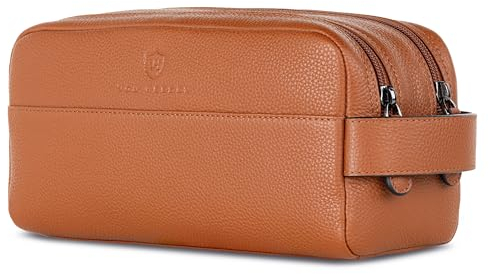 VON HEESEN Kulturbeutel Leder Kulturtasche für Herren & Damen - Echtleder Necessaire ideal zum Reisen - Waschtasche und Kosmetiktasche mit Zwei Hauptfächern Cognac-braun, groß