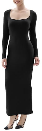 SHAPERX Women's Long Sleeve Dress Soft Lounge Ribbed Square Neck Bodycon Maxi Dresses, UK-SZ5280-Black-L