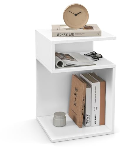 GIANTEX Beistelltisch Weiß, Nachttisch S Förmig, Nachtschrank Holz, Kleines Bücherregal 3 Ebenen, Couchtisch Sofatisch modern, Akzenttisch Ablagetisch für Wohnzimmer Schlafzimmer, 33 x 33 x 50 cm