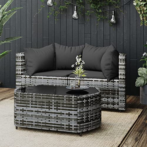 NITCA 3-TLG Balkonmöbel Set Kleiner, Balkon Lounge Klein, Rattan Gartenmöbel Set, Balkon Sofa Rattan 2 Sitzer, Klein Terrassenmöbel, Balkonmöbel, Gartensofa mit Kissen Grau