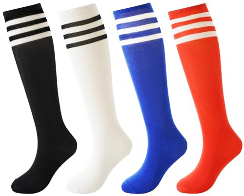 BISOUSOX Chaussettes de football pour enfants filles et garçons, chaussettes de football junior, 4 paires - rouge + bleu + blanc + noir, 3-6 ans