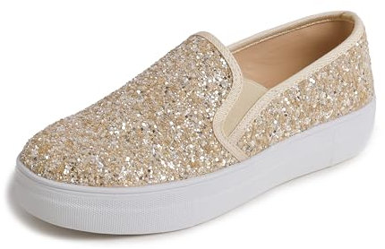 Feversole Women's Fashion Slip-On Trainer Casual Flat Loafers,Skater Pumps Trainers Sneakers Shoes Light Gold Glitter Size 5.5