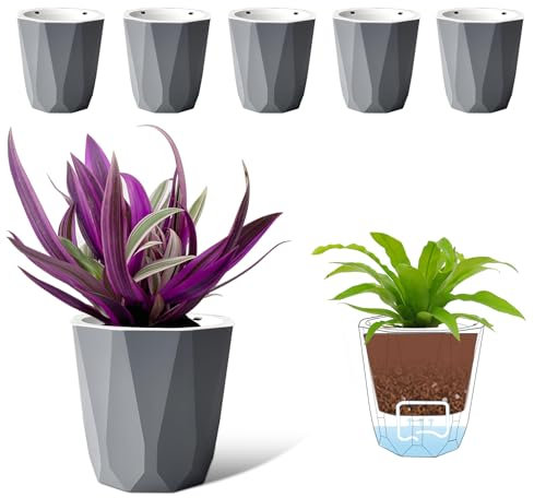 T9TDCS Selbstbewässernder Übertopf für Zimmerpflanzentöpfe, grauer Blumentopf mit tiefem Reservoir, Kunststofftöpfe für alle Zimmerpflanzen, Blumen, Orchideen, afrikanische Veilchen, 6 Stück