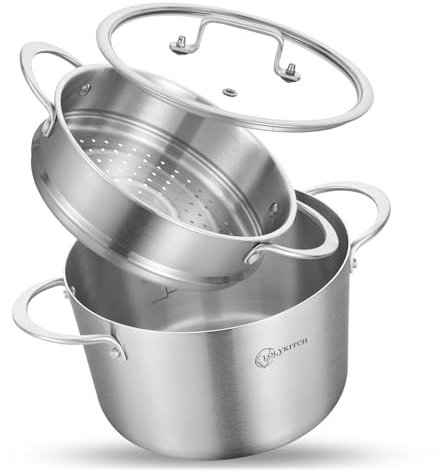 LOLYKITCH 5 Quart Stainless Steel Steamer Pot with Glass Lid, 3-Ply Steaming Pot for Cooking, 2 Tier Induction Steamer Pot for Tamales Seafood Vegetables Dumplings Stock Pot, Thick