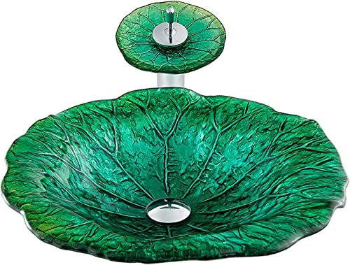 mueble lavabo sobre encimera, Fregadero De Baño, Lavabo De Vidrio Templado, Lavabo Sobre Encimera, Lavabo Con Forma De Hoja De Loto, Lavabo For Baño Con Grifo De Cascada Y Combinación De Desagüe (Col