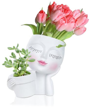 HyzaPhix Face Planter Pot, Cute Plant Pot Lady Face Succulent Planter Funny Flower Pots Head Planter for Living Room, Home Decor Indoor for Live Plants (white)