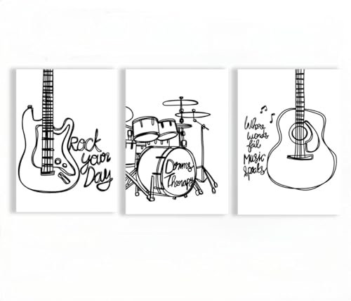 YUPPOG Minimalistische Wandkunst Rockmusik Gitarre Leinwandmalerei Strichzeichnungen Poster Bild abstrakte Drucke Wohnzimmer Bar Dekor-30x40cmx3 Rahmenlos
