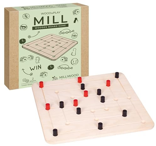 MILLIWOOD Mill Spiel - Brettspiel - für 2 Personen - Spiele ab 6 Jahren - Gesellschaftsspiele - Strategiespiel - Spiele für Erwachsene und Kinder, Familienspiele - aus Holz