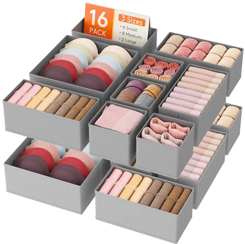 Lifewit 16 Pack Drawer Organiser, Dividers for Closet, Light Grey | Collapisble Fabric Foldable Cube Boxes for Dresser, Nursery, Bedroom, Clothes, Pants, Underwear, Sock, Bras Organization