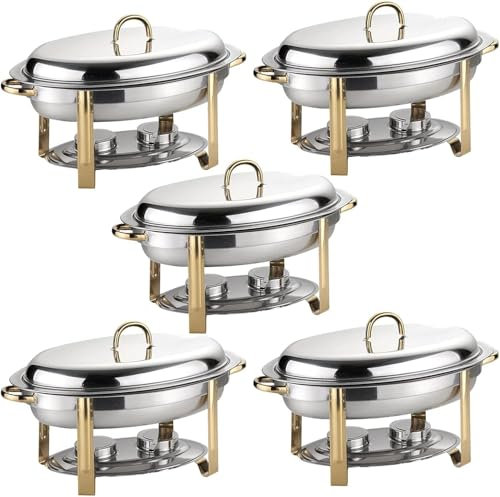Set scaldavivande Ovale da 6 Litri, Vassoio scaldavivande per Buffet in Acciaio Inossidabile di Dimensioni Standard da 2/4/5/6 Pezzi con vaschetta per Alimenti, vaschetta per l'acqua e suppo