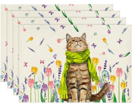 Artoid Mode Blumen Tulpen Lavendel Katze Frühling Platzsets 4er Set, 30x45cm Urlaub Tischsets Waschbar Platzdeckchen Küche Party Deko