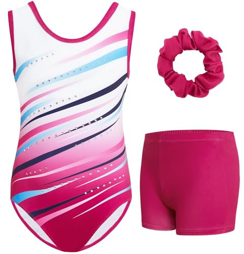 Gogokids Ärmelloses Gymnastiktrikot-Set für Mädchen, dreiteilig mit Shorts und Haargummi, Kinder Gymnastik Outfits mit Aushöhlen & überkreuztem Design, Glitzer Ballett-Einteiler für Alter 9-10
