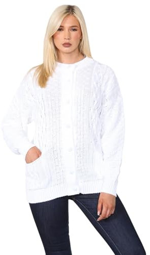 Crazy Fashion Women’s Long Sleeve Winter Chunky Cable Knit Front Button Top Long Sleeve Aran Crew Neck Warm 7 Button Knitted Cardigan Ladies Sweater (White,22)