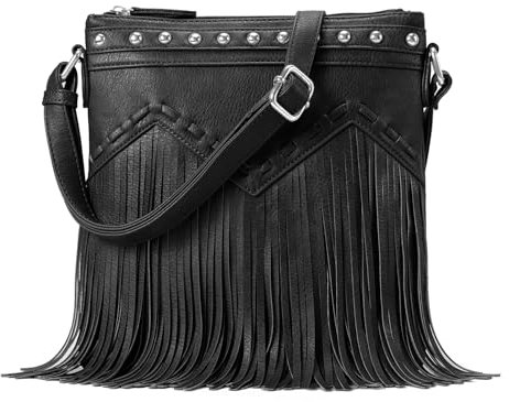 Sunwel Fashion Damen Umhängetasche mit Fransen und Nieten, Hobo-Handtasche, veganes Leder, Quaste, Schwarz, 30.48 cm x 33.02 cm x 10.16 cm