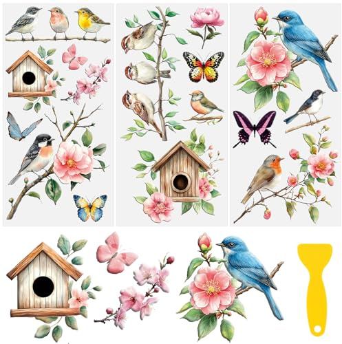 HICOHAND Reiben Sie auf Transfers zum Basteln, 3 Stück, Blume, Vogel mit Schmetterling, Reiben auf Transfers für Möbel und Handwerk für Holz, Farbic, Glas, DIY, Zuhause, Büro, Dekoration