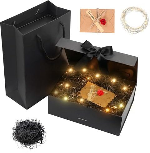 Idota Geschenkbox mit Deckel, Geschenkschachtel Schwarz, Geschenkkarton mit Schleife, Tasche, Farbband, Licht, Raffia, Grußkarten,Geschenkboxen für Hochzeit Geburtstag Weihnachten Jubiläum (Schwarz S)