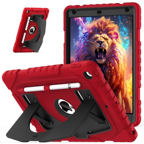 OKP Kids Case for iPad 9th/ 8th/ 7th Generation 10.2 Inch (2021/2020/2019), Heavy Duty Rugged 9 8 7 th Gen iPad Protective Cover with Built-in Kickstand, Pencil Holder for Kids Girls Boys, Red+Black