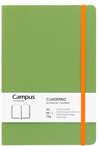 Campus Notizbuch A5, Bullet Journal mit glatten Blättern, genähtes Notizbuch mit festem Einband, 96 Blatt à 75 g, elastischer Verschluss, Tasche und Lesezeichen (A5, glatt, grün)