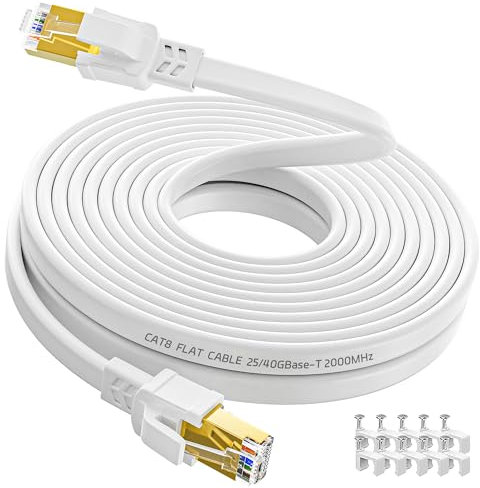 Cable Ethernet 8 Metros, Cable Lan Plano Alta Velocidad Cat 8 Cable de Red Blanco Gigabit RJ45 Cable LAN 8m -40Gbps 2000MHz Cable Internet para Switch Rúter Módem PC