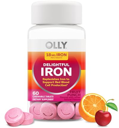 OLLY Delightful Iron Chewable Tablet, Iron Supplement from AB Fortis, Fruit Punch Flavored, 30 or 20 Day Supply - 60 Count
