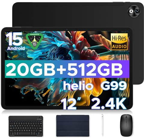 DOOGEE T40 Pro Tablet 12 Pulgadas Android 15, 20GB RAM + 512GB ROM, 2.4K Pantalla con MTK G99 y 10800mAh(18W), 16MP+8MP, Dual SIM 4G Tablet con Teclado, Funda y Lápiz, Ratón(Versión 2025)