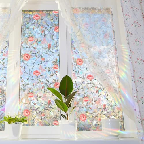 Runtoo Sichtschutzfolie für Fenster, Regenbogen-Rose, Blumenmuster, Fensteraufkleber, 3D-Dekor, Vinyl, Buntglas, Boho, Rosa, Pfingstrosen, Blumen, Aufkleber, statischer Aufkleber, nicht klebend, 40 x