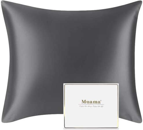 Muama Seidenkissenbezug 80x80 cm Maulbeerseide für Haar & Haut, Anthrazit | Silk Pillowcase, Reduziert Haar-Frizz & Hautfalten, Thermoregulierend, Kühl, atmungsaktiv, Diskreter Reißverschluss, 1 Stück