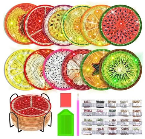 DIY Diamond Painting Obst Untersetzer, 12 Stück Diamond Painting Mosaik Bastelset mit Untersetzer Halter, Frühling Sommer Basteln Geschenk für Kinder Erwachsene, Diamant Malerei Bilder Tischdeko (A)