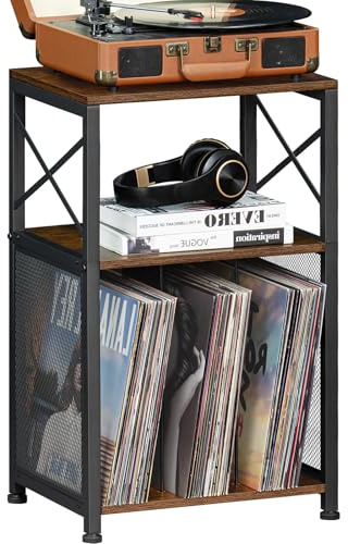 LELELINKY 3-Stöckiger Schallplattenständer, Vintage Vinyl Regal Beistelltisch, Plattenspieler Tisch mit Stauraum für bis zu 120 Alben, Schallplattenregal Halter Regal für Wohnzimmer, Büro