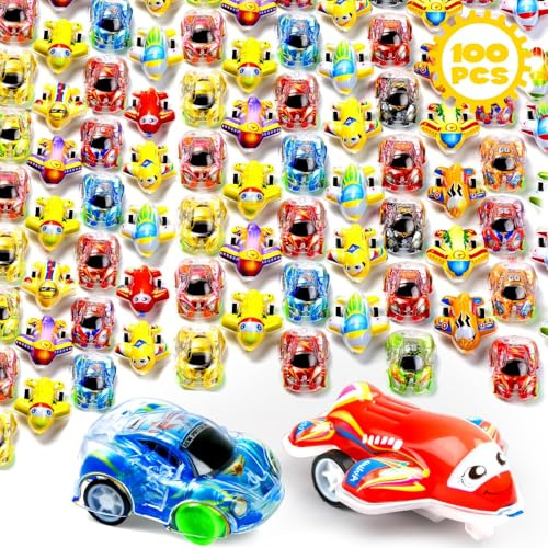 Bambebe 100 Stück Auto Zurückziehen für Kinder, Party Mitgebsel Mini Auto Spielzeug, Aufbewahrungstasche Babyfahrzeug Spielauto Set für Jungen und Mädchen Rennen Ostereier