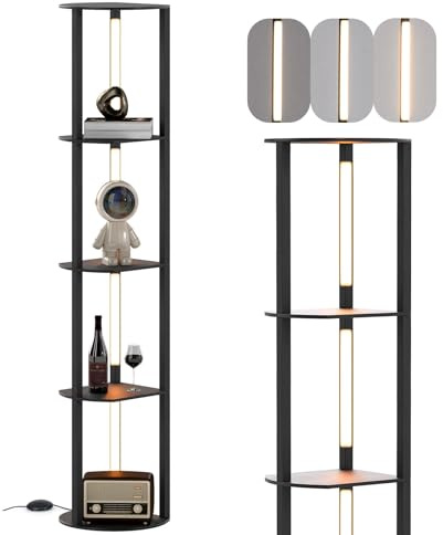 COSTWAY 163cm Stehlampe mit Regalen, Ausstellungsregal mit 4 drehbaren LED-Streifen, 3-stufig einstellbarer Helligkeit & Fußschalter, Stehleuchte Ablageregal für Wohnzimmer, Schlafzimmer