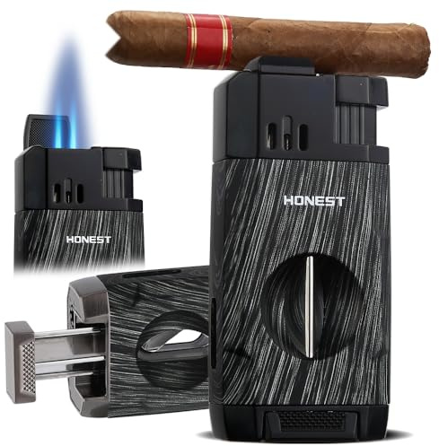 Honest Taschenlampe Zigarrenfeuerzeug mit Winddichter Jetflamme Eingebauter V Zigarrenschneider Nachfüllbar Butan Fackel Feuerzeuge All-in-One Cool Feuerzeuge zum Rauchen(Schwarzes Holz)