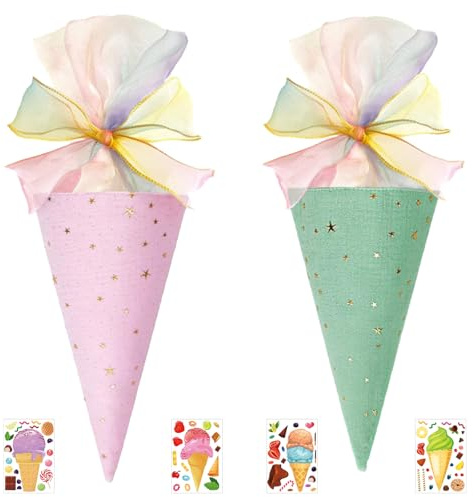 ZenyTra 2 Stück Eiscreme Geschenkbeutel Set mit 4 Sticker - 1x Rosa & 1x Grün, Stoff Geschenktüte für Einschulung, Kindergeburtstag, Zuckertüte Füllung, Partytüte für Jungen & Mädchen