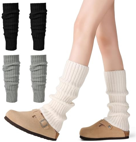 CHUANFU 3 Paia Scaldamuscoli Donna Maglia, Leg Warmers Lavorati Invernali, Lunghi Scalda Muscoli da Donna, Morbidi Ginocchio Gambe Caldi per Ragazze Partito Yoga (Nero, Grigio, Bianco)