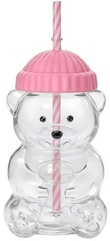 Nplaseta Vaso de Cristal con Diseño de Oso 3D 580 ml, Taza con Tapa y Pajita, para Bebidas Calientes y Frías (Rosa)