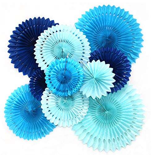 Himeland 10x Blau Papier Fächer Set, PomPoms Tissue Blumen, Hängende Deko für Geburtstag Party Hochzeit Neujahr Baby Shower