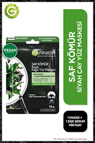 Garnier Skin Naturals Gewebemaske mit Kohle Schwarzer Teeblätterextrakt, mattiert und feuchtigkeitsspendend, 28g