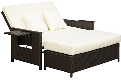 Outsunny Canapé-lit de Jardin modulable en résine tressée Bain de Soleil 2 Places Dossier inclinable tablettes rétractables Coussins intégrées crème + Repose-Pieds avec Coffre de Rangement Chocolat