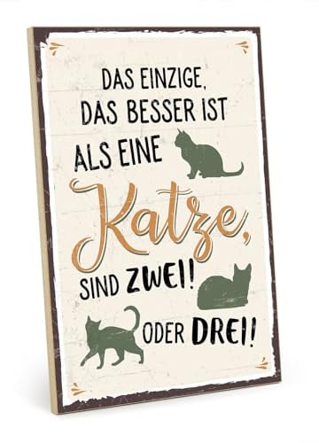 TypeStoff Holzschild mit Spruch – MEHR KATZEN – im Vintage-Look mit Zitat als Geschenk und Dekoration zum Thema Haustier und Katzennarr - HS-00398