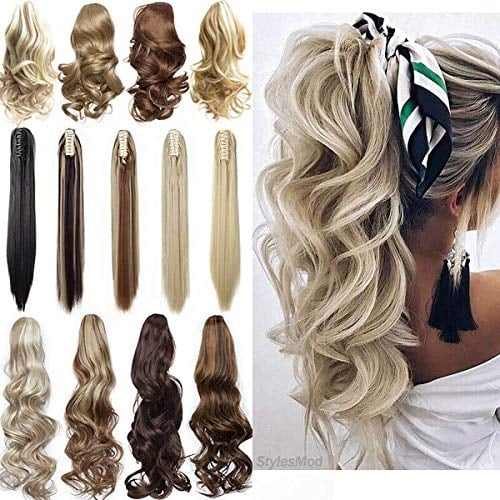Long Short Claw Ponytail Hair Extension One Piece Cute Clip in on Ponytail Jaw/Claw Synthetic Straight Curly Hairpieces 12 Curly Ash Blonde