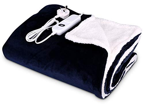 Navaris Electric Heated Wrap - Wearable Throw Blanket Soft Plush Electric Heated Cape with 3 Heat Settings and Auto Shut Off Timer - Dark Blue/White
