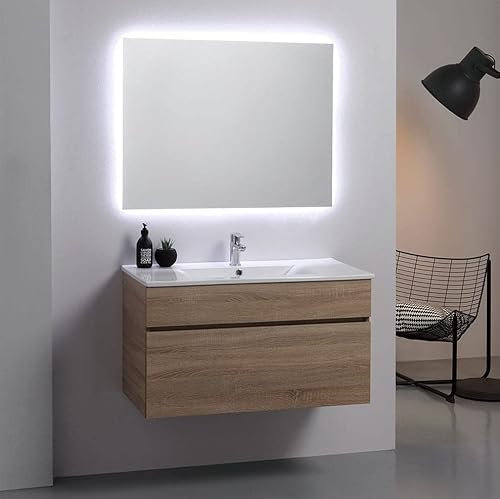 Kiamami Valentina - Mobile Bagno Sospeso 90 cm | Lavabo Ceramica e Specchio Retroilluminato | Colore Quercia Naturale | Composizione Mobile Bagno Lavabo | Arredo Bagno, Serie Sole